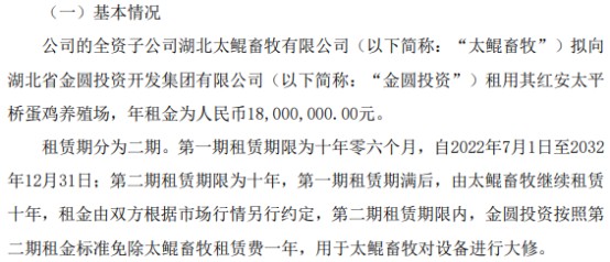 晨科农牧全资子公司太鲲畜牧拟向金圆投资租用其红安太平桥蛋鸡养殖场