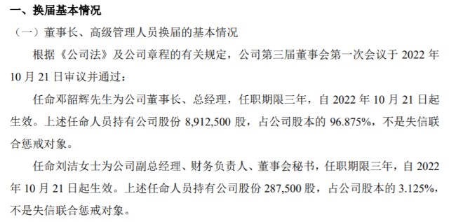 禾源科技任命邓韶辉为公司董事长总经理2022年上半年公司净利1081万