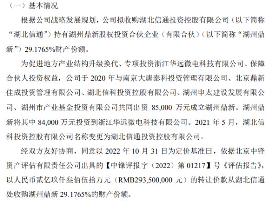 中讯四方拟以294亿收购湖北信通持有湖州鼎新2918财产份额