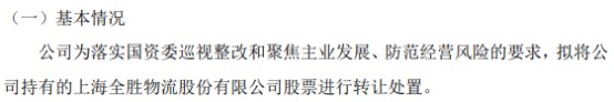 安泰科拟将持有的上海全胜物流股份有限公司股票进行转让处置