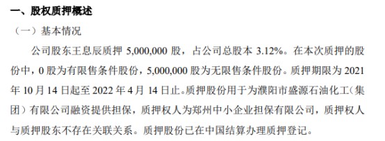 盛源科技股东王息辰质押500万股用于为融资提供担保