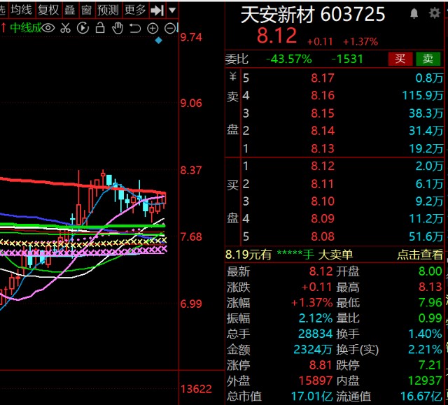 主力跟踪发现天安新材,该股在红色套牢区边缘今日高开有望冲击涨停宁