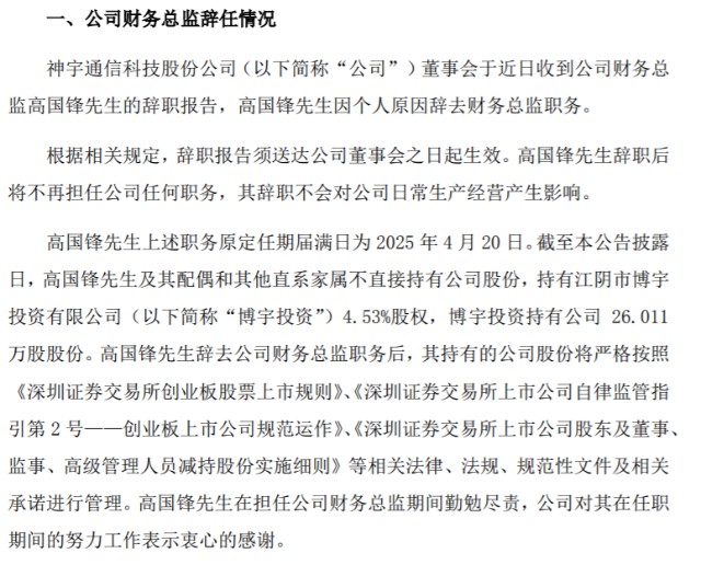 神宇股份财务总监高国锋辞职聘任郭著名为财务总监兼董事会秘书2021年