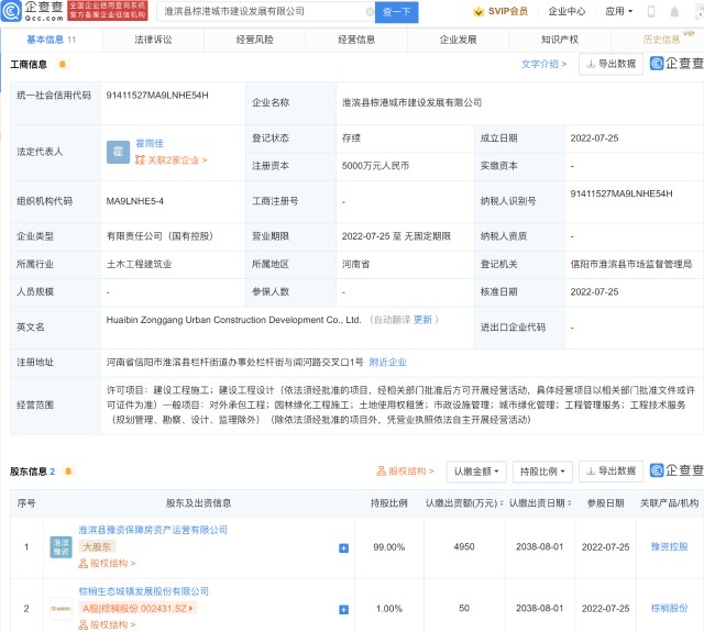 棕榈股份投资成立城市建设发展公司注册资本5000万