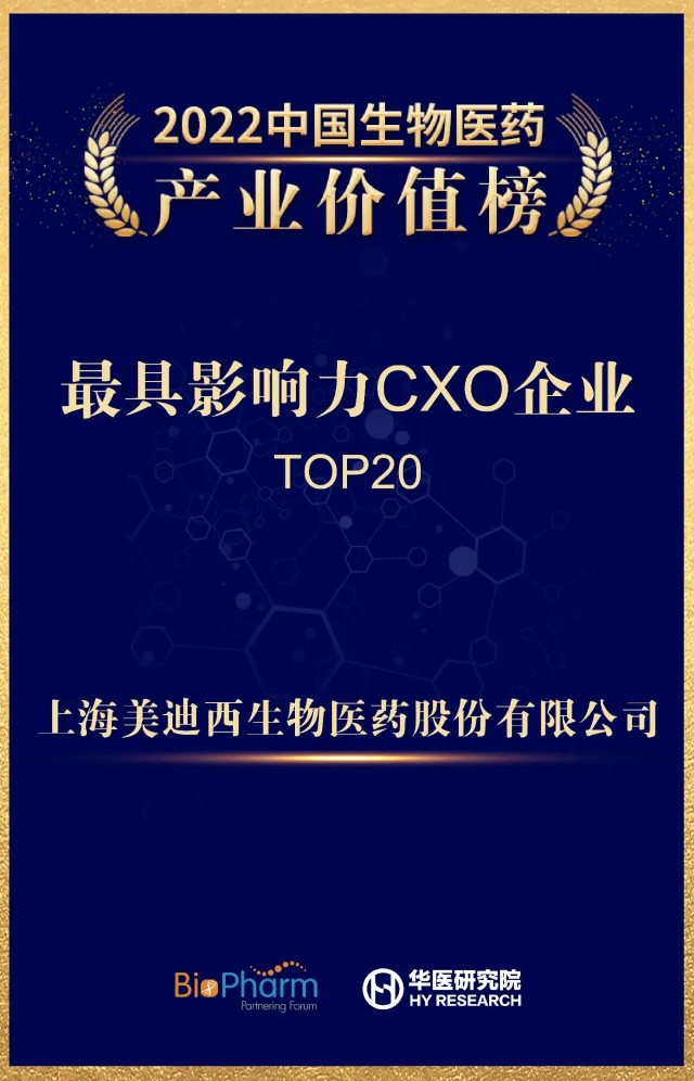 美迪西荣登2022中国生物医药产业价值榜最具影响力cxo企业top20