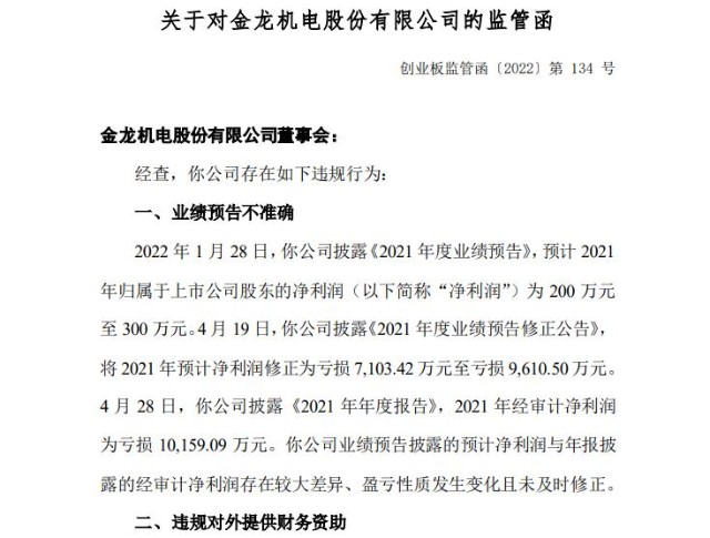 金龙机电收监管函2021年亏损102亿元2000万借款难追回