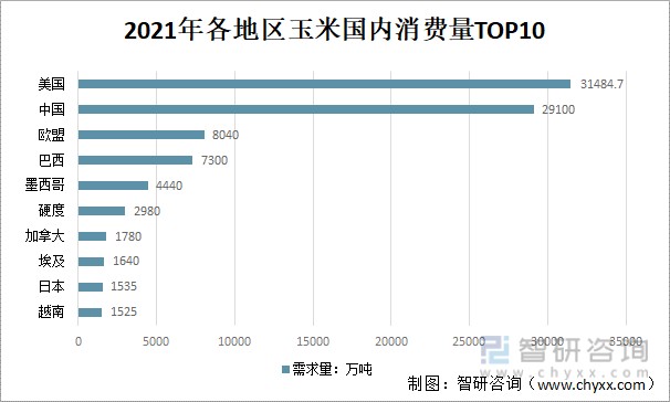 2021年各地区玉米国内消费量TOP10