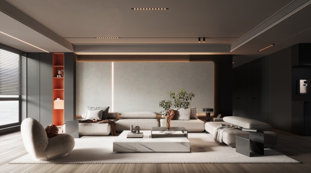 表面深浅微细的暗纹,莱姆石浅灰岩板打造的沙发背景墙,为空间带来岁月