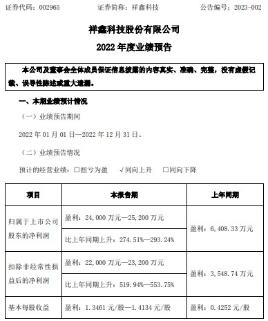 祥鑫科技2022年预计净利24亿252亿同比增长275293订单量明显增加