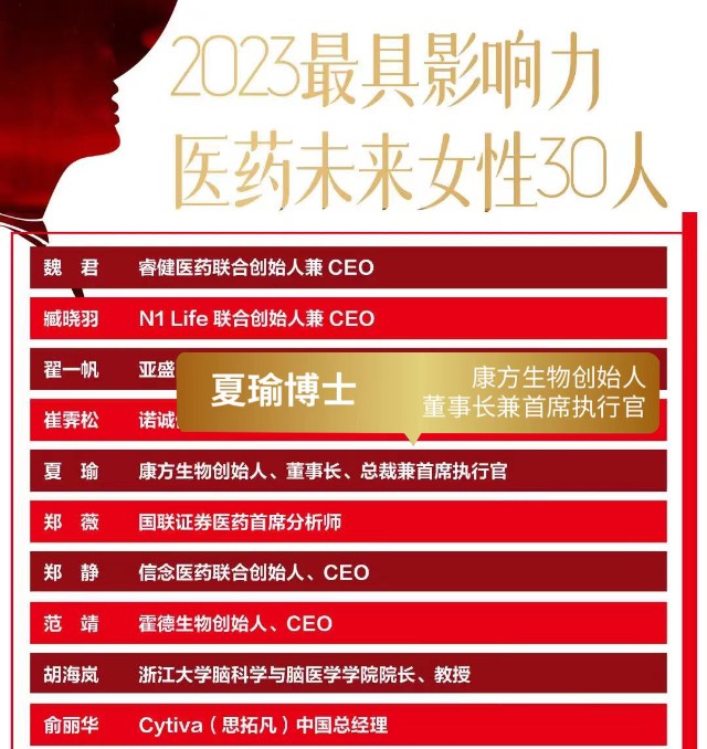 康方生物夏瑜博士获评“2023最具影响力医药未来女性30人”_财富号_东方财富网