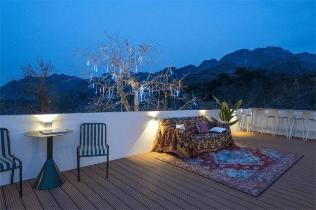 北京怀柔九渡河九渡星落湾民宿,全景大露台,核桃树下泡恒温私汤