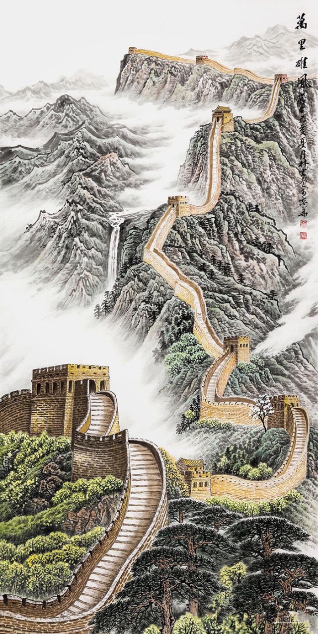 中华之魂 李林宏青绿长城国画新品《万里雄风》登上八达岭长城最高的