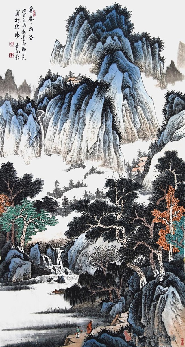 许吉尔四尺竖幅新品仿古山水画作品《云峰幽谷》许吉尔精品竖幅仿古