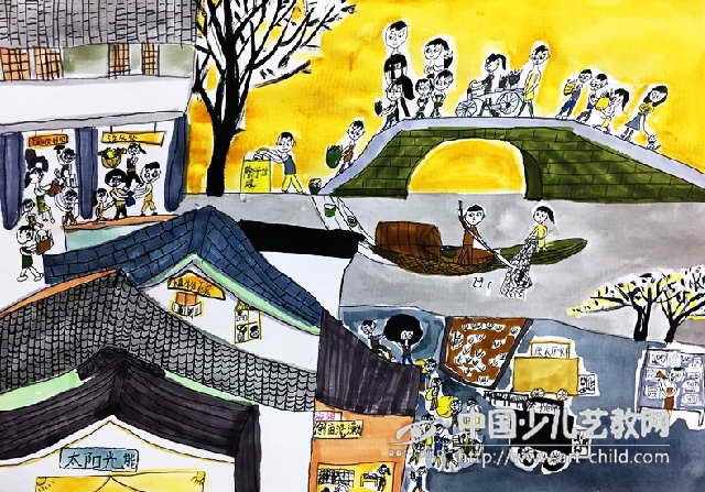 《古城记》林可艾这幅作品抓住了古城特点,灰瓦白墙,小桥流水.