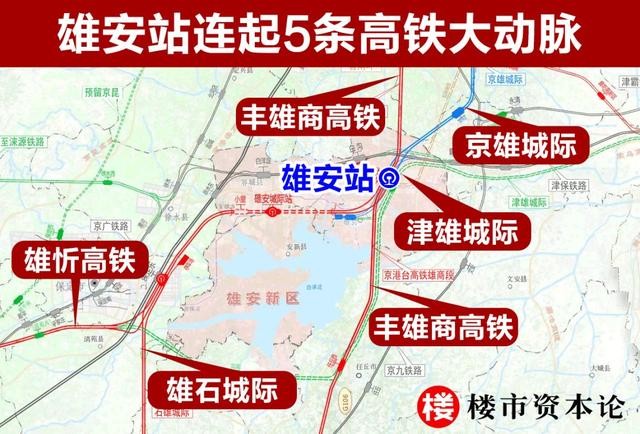 根据规划,京雄城际,丰雄商高铁,雄城际,津雄城际等在内的五条高铁和