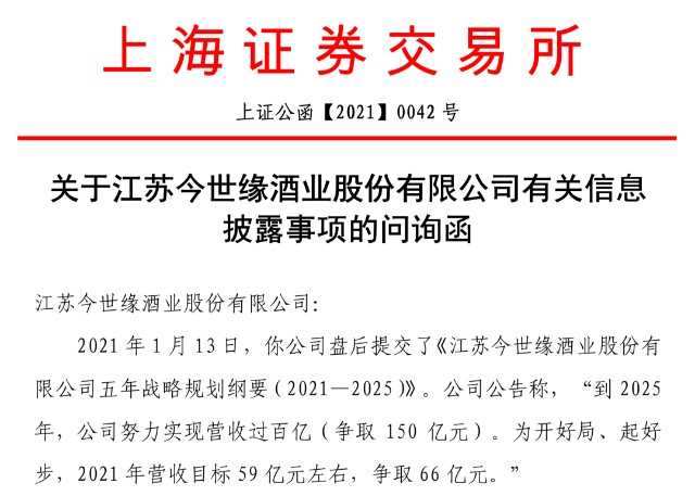 上市酒企再因宏远规划被问询，今世缘有何勇气力争150亿营收？