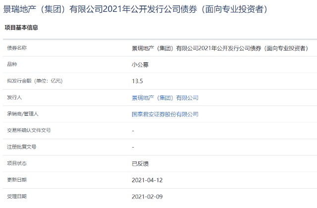 景瑞地产小公募债“已反馈” 发行金额13.5亿元