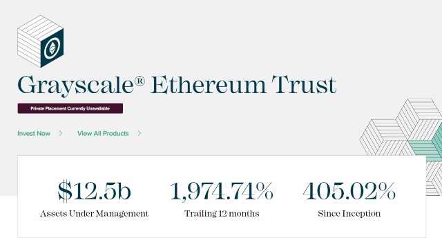  dry-roll bitcoin?</p><p>数据来源：灰度网站，截至2021年5月12日</p><p>Source: Greyscale website, as at 12 May 2021</p><p>尽管ETHE是以信托基金的存在，它是在美国二级市场上首个追踪以太坊价格的产品，而且是可交易的。截止5月12日，ETHE的规模已高达124.06亿美元。</p><p>Although ETHE exists as a trust fund, it is the first product in the US secondary market to track the prices of Etheria and is tradable. As of 12 May, ETHE had reached $12.406 billion in size.</p><blockquote style=