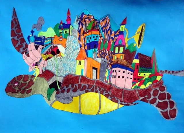 年龄:14岁作者:刘琪画名:小人国画面构图夸张,主题突出,想象大胆,色彩