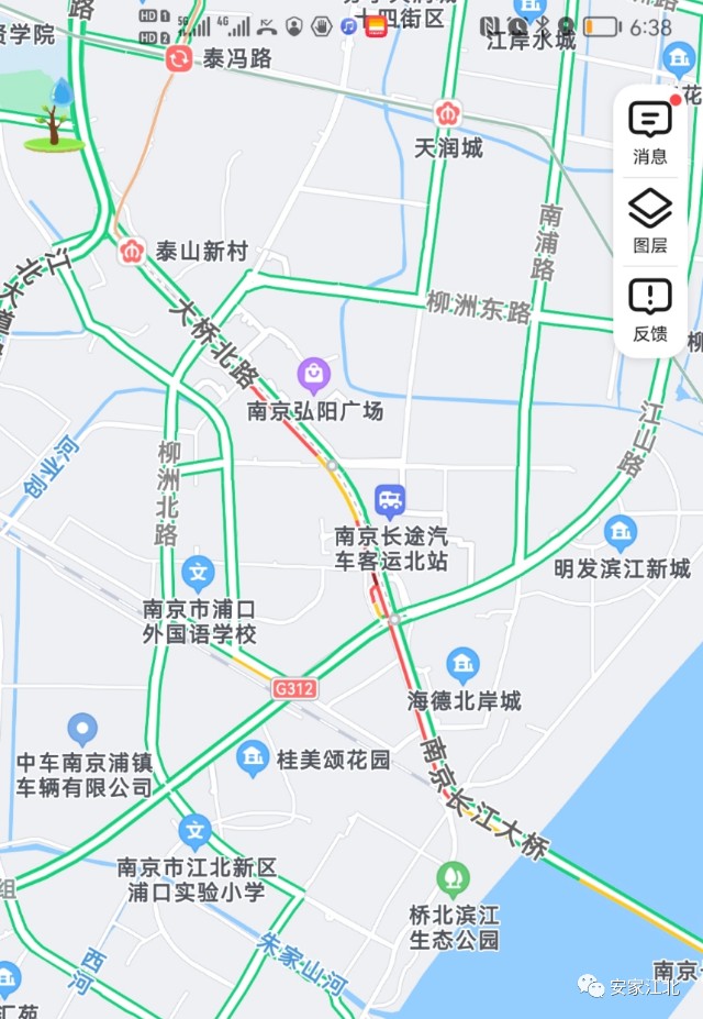 2019年桥北交通状况(红色为拥堵路段) 而到了2021年,从桥北拥堵地图