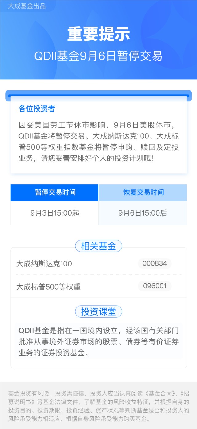 重要提示 Qdii基金9月6日暂停交易 财富号 东方财富网