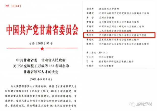 热烈祝贺兰州威特焊材科技董事长傅开武获聘甘肃省领军人才