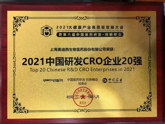 喜报美迪西荣登2021中国研发cro企业20强榜单