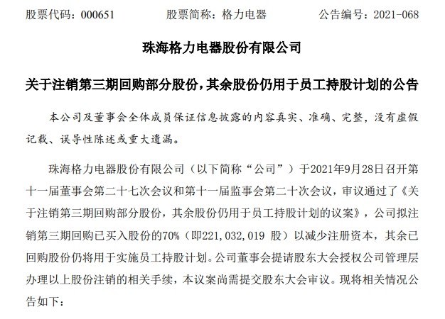 格力电器将注销2.2亿股 回购已花近300亿