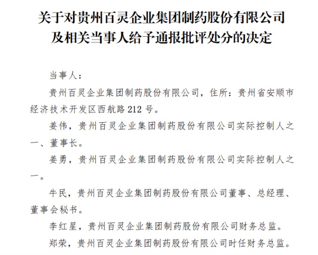 深交所给予贵州百灵及实控人通报批评处分