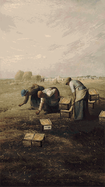 最有意思的是《拾麦穗的女人》这幅名画变成了《让稻穗上链的女人》