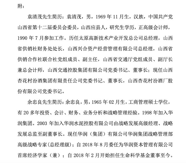 山西汾酒提名袁清茂余忠良为第八届董事会董事候选人