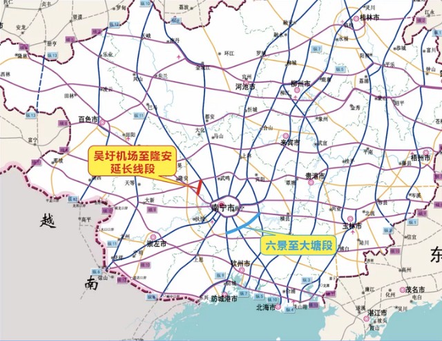 南宁南过境线六景至大塘段,吴圩机场至隆安延长线段公路线网规划图本
