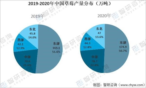 2019-2020年中国草莓产量分布(万吨)从2020年产量分布来看,东部地区