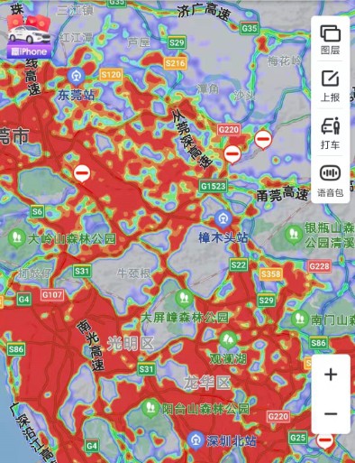 深圳和惠州之间的热力图,惠阳,大亚湾已经跟深圳完全连接,惠州市区