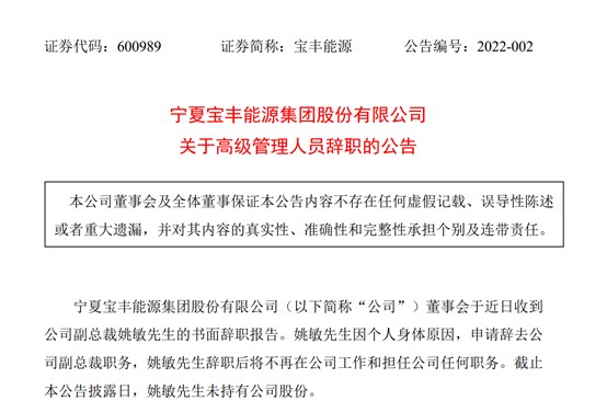 宝丰能源副总裁辞职2021年第三季度净利1585亿