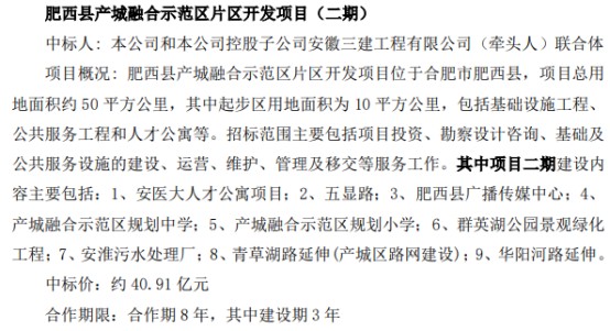 安徽建工及控股子公司中标肥西县产城融合示范区片区开发项目二期中标