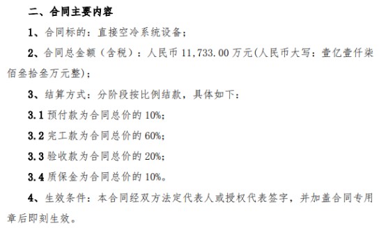 合同主要内容:1,合同标的:直接空冷系统设备;2,合同总金额(含税:人民