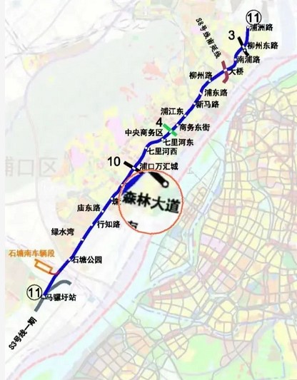 南京地鐵11號線一期工程起自馬騾圩站,止於浦洲路站,路線全長約26.