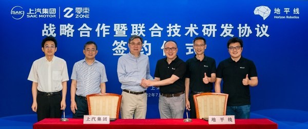 地平线与上汽集团签约仪式<br>（从左至右）：上汽集团副总裁、总工程师祖似杰，上汽集团总裁王晓秋，上汽集团董事长陈虹；地平线创始人兼首席科学家余凯博士，地平线总裁陈黎明博士；地平线联合创始人兼CTO黄畅博士
